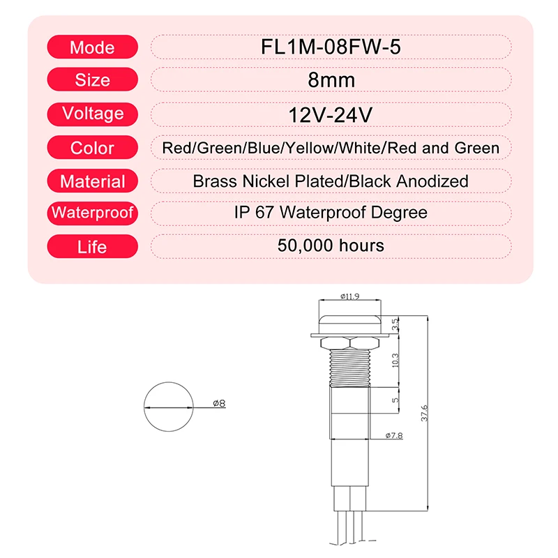 FILN 2PCS LED Indicator Light 8MM 12V Metal Indicator Dash Pilot Light with Wire for Car Dashboard Marine Truck Machinery