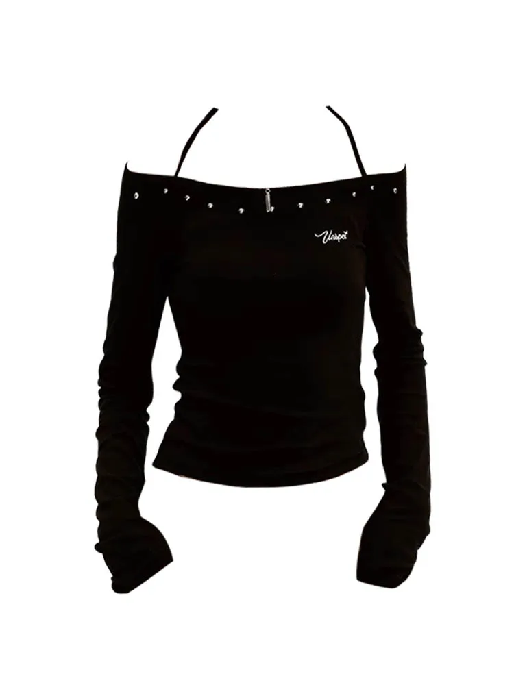 تي شيرت نسائي أمريكي مثير بدون أكمام وبدون أكتاف، بأكمام طويلة، بتصميم أنيق وملائم للجسم، يبرز الأناقة والإطلالة الجذابة.