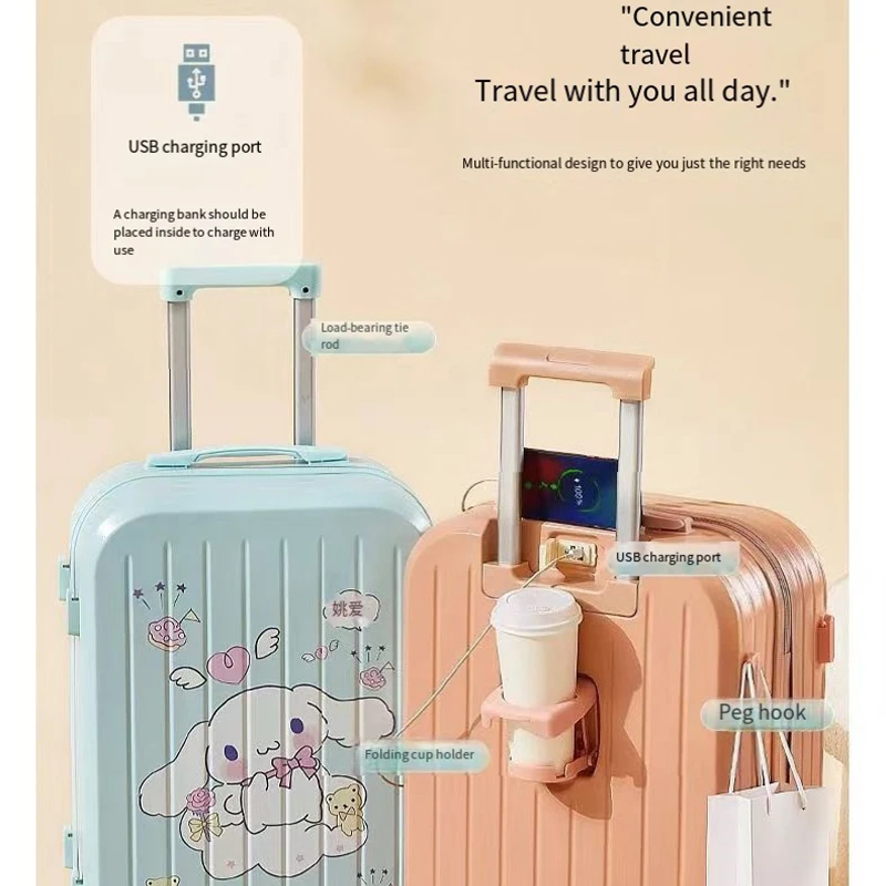 Cartoon Suitcase Sanrioed Kuromi Cinnamoroll 20-22-24Inch Trolley Case Melody Anime Kawaii Usb Charging Port Mute Student Travel