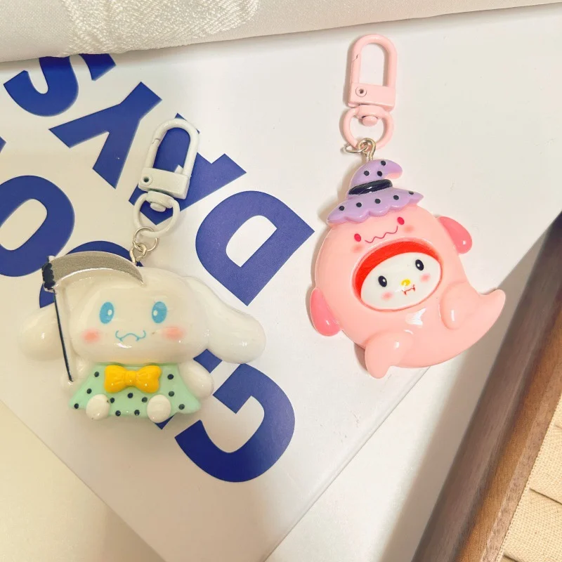 New Sanrio Halloween Hello Kitty Resin Keychain Anime Broom Kuromi Ghost My Melody Children Pendant Keyring Pompom Purin Gifts