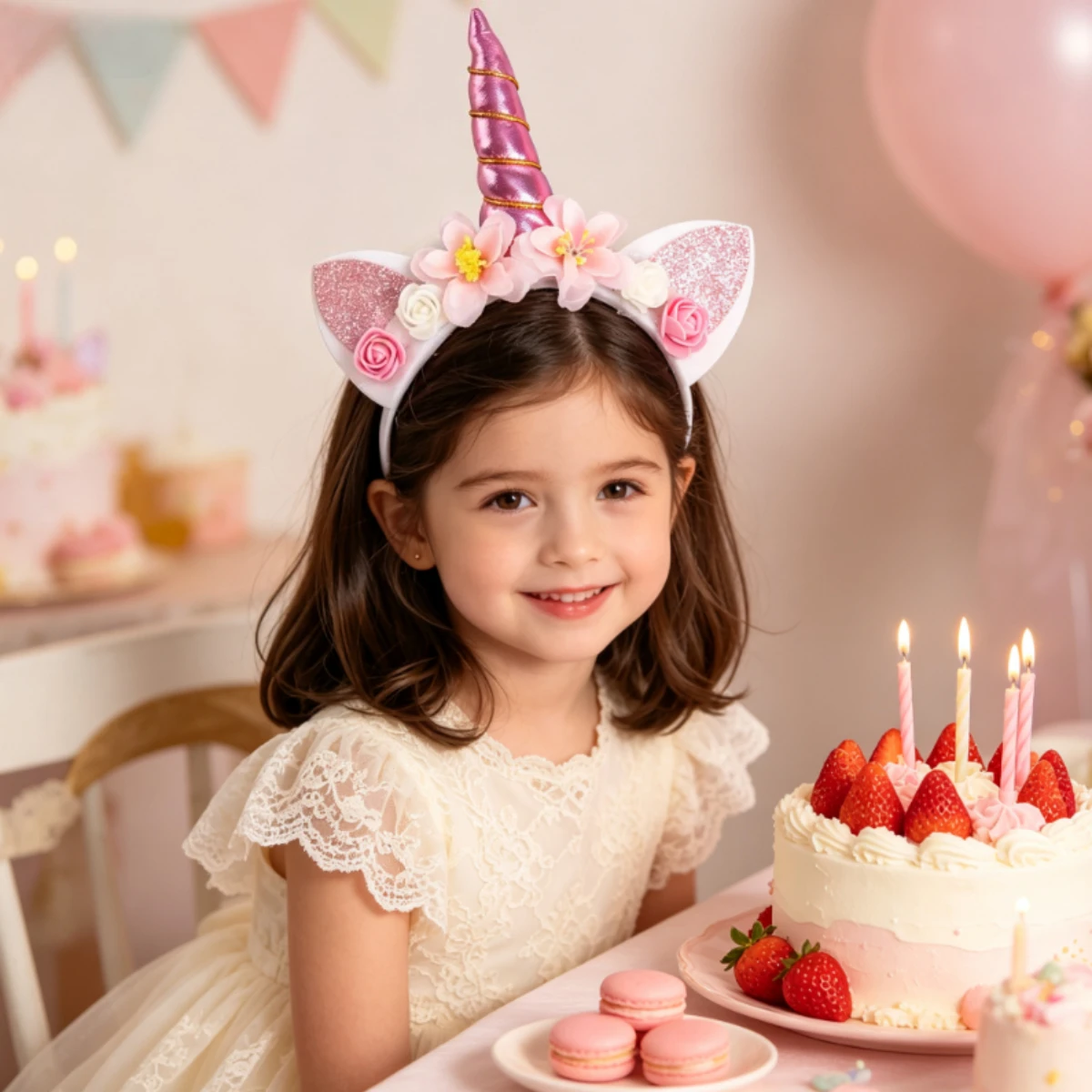 Princess Unicorn Crown Hair Hoop Flower Decor Glitter Fabric Ears Headband For Toddler Girls Birthday Party Costume Accessory
