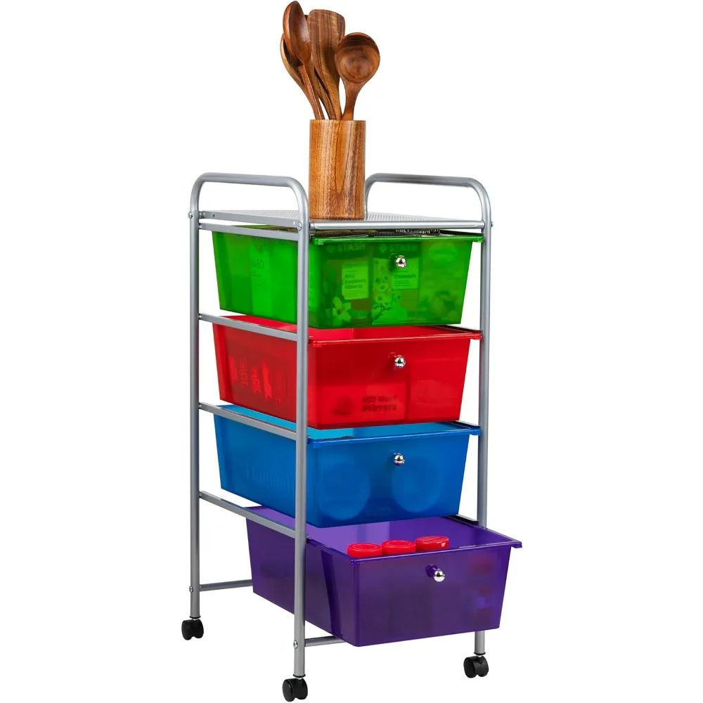 Multi-Color Rolling Utility Cart with 4 Drawers, Metal Frame Craft Storage for Kitchen Office, 12.75x15.25x30 Inches