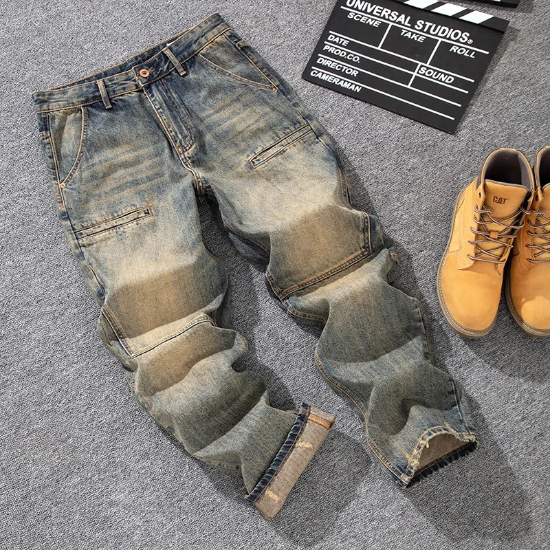 

Trendy brand loose straight leg jeans for men, retro nostalgic patchwork pocket zipper design, yellow mud denim pants