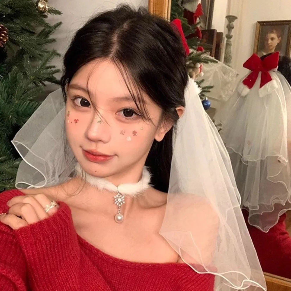 Creative Red Christmas Veil Headband Velvet Hair Band Christmas Head Gauze Mesh Head Covering Bridal Tulle Christmas Costume