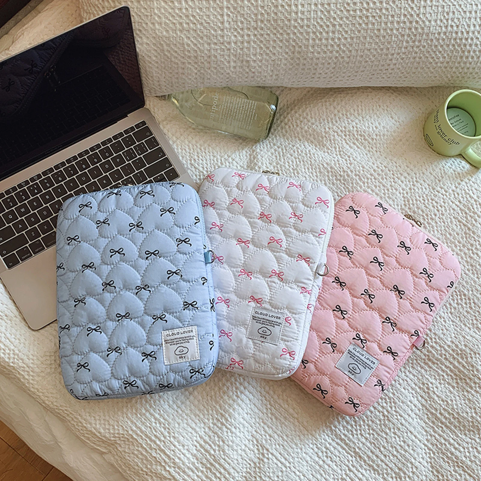 

Bowknot Soft Pad Tablet Bag Embroidery Fluffy Padded Bag Shockproof Cute Quilted Laptop Sleeve Computer Storage Bag