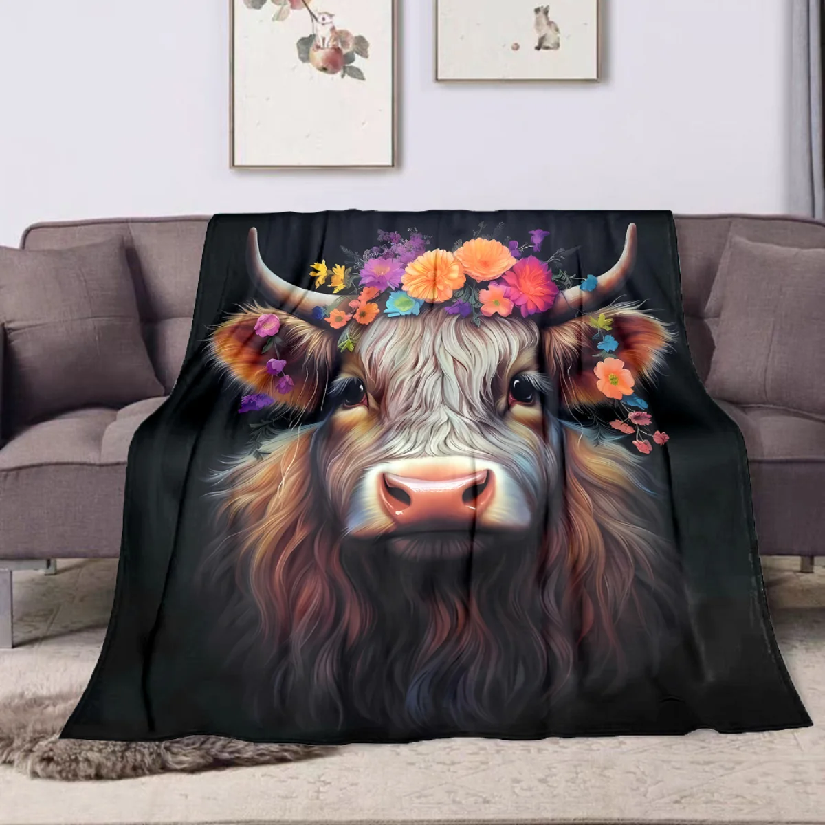 بطانية من الفلانيل بنمط زهور البقرة المرتفعات الكرتونية - ناعمة ودافئة، مثالية للديكور المنزلي أو الفراش أو التخييم أو السفر أو عيد الميلاد #2