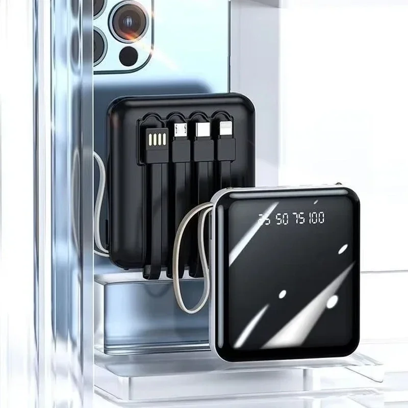 بنك طاقة صغير جديد قابل للفصل 4 أسلاك 20000 مللي أمبير في الساعة شاشة ديجيتال سعة كبيرة بطارية محمولة لهاتف آيفون وسامسونج وشاومي #5