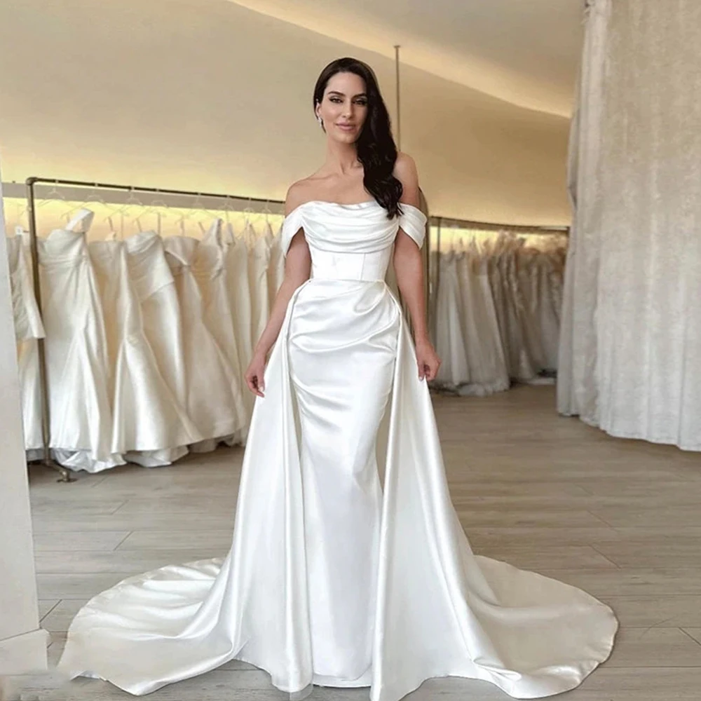 

Pretty Gorgeous Satin Sexy Sweetheart A Line Wedding Dresses Off Shoulder Appliques Sleeveless Bridal Gowns Womens Formal 2023