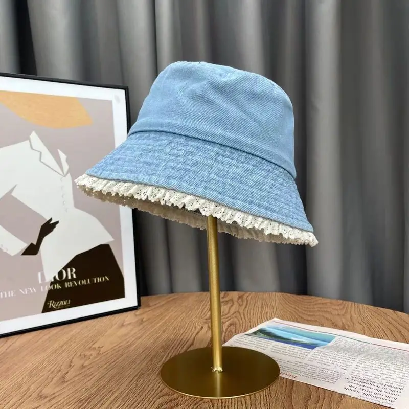 

Lace Trim Denim Bucket Hat for Women Wide Brim Sun Protection Face Slimming Fisherman Cap Spring Summer Fashion Accessory