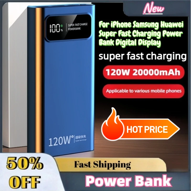 High Capacity Upgrade 20000mAh 120W Power Bank For iPhone Samsung Huawei Super Fast Charging Power Bank Digital Display