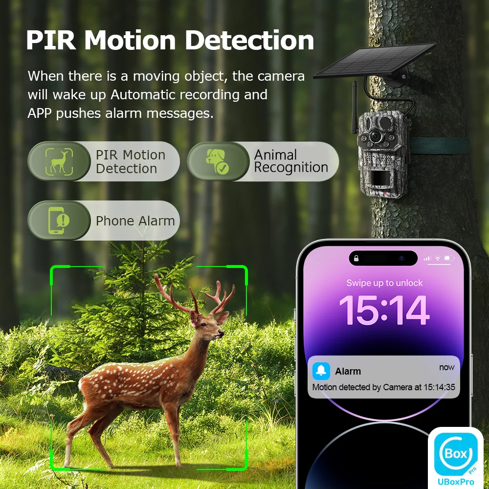 UBOX PRO 4G LTE Cellular Trail Camera 5MP Solar Camera PIR Motion Activated 0.2s Trigger Time Night Vision Wildlife Hunting Cam