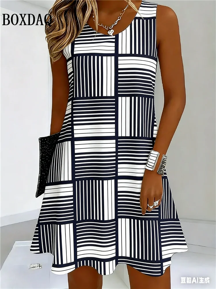 

Plaid Striped Print Dresses Summer 2026 Women's Clothing Plus SIze Fashion Sleeveless Loose Dress Casual Vest Beach Short Dress