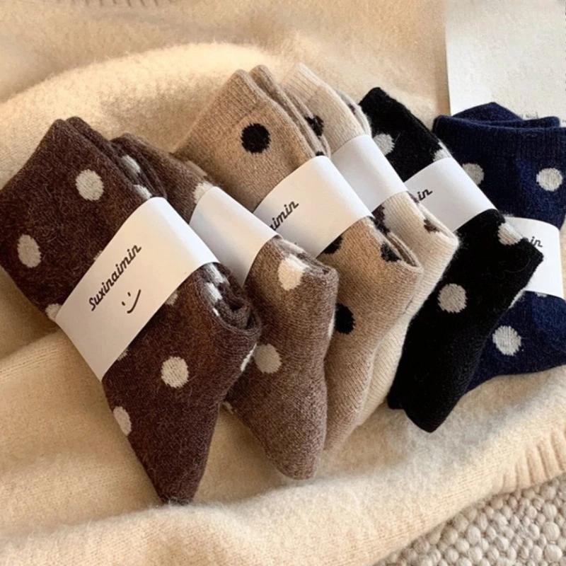 2 Pairs Women's Winter Socks, Thermal Polka Dot Mid-Calf Slouch Socks, Cozy Knitted Retro Floor Socks