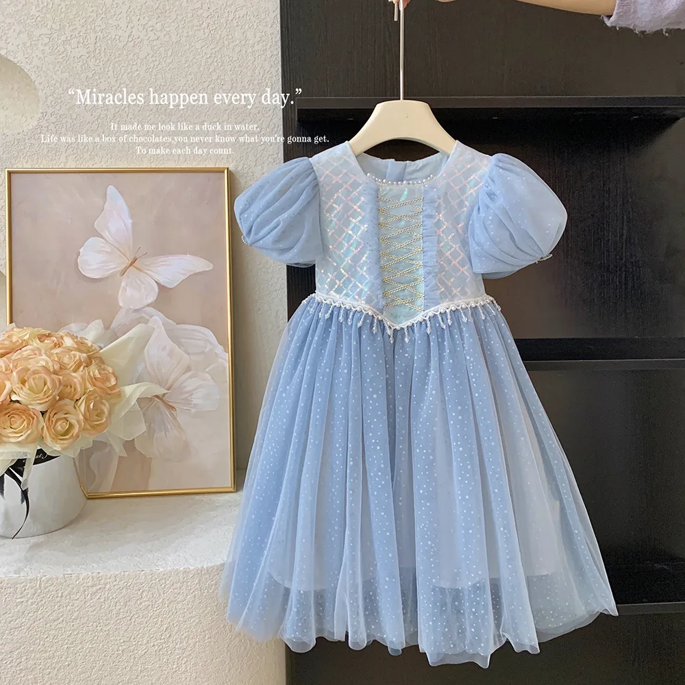 Girl's Sleeveless Summer 2025 New Princess Dress Mesh Off Shoulder Sleeves Pearl Embellished Skirt Trend