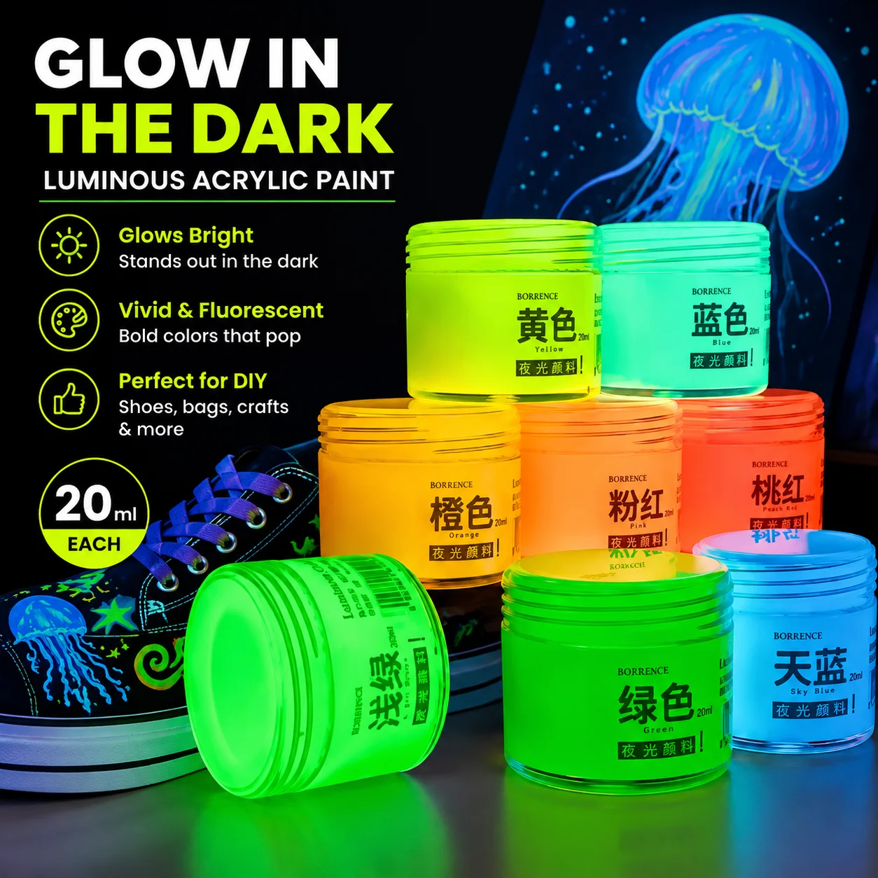 Glow in the Dark Acrylic Paint 20ml, Luminous Pigment Fluorescent Paint for Hand Painting Graffiti, DIY Shoes Bags Crafts,