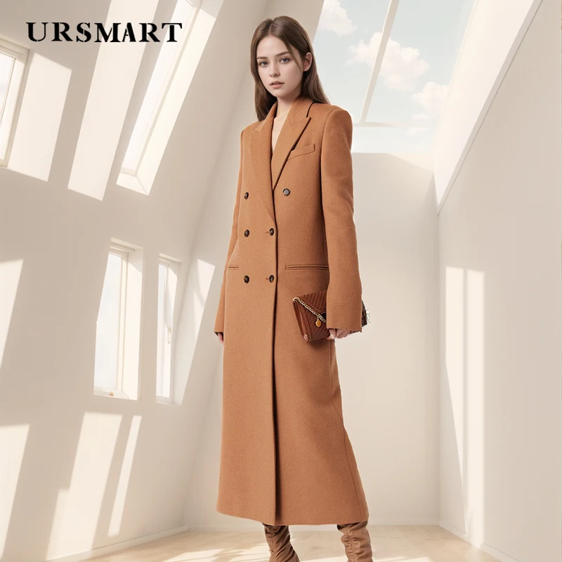 Elegant Camel Wool Coat for Women - Ankle Length Double Breasted Custom Cashmere Blend