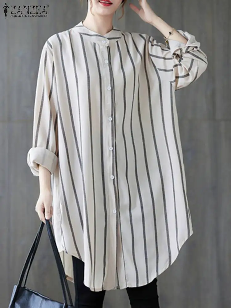 ZANZEA 2024 Spring Autumn Women Shirt Full Sleeved Oversized Blouse Striped Printed O-Neck Tops Casual Tunic Fashion Blusas