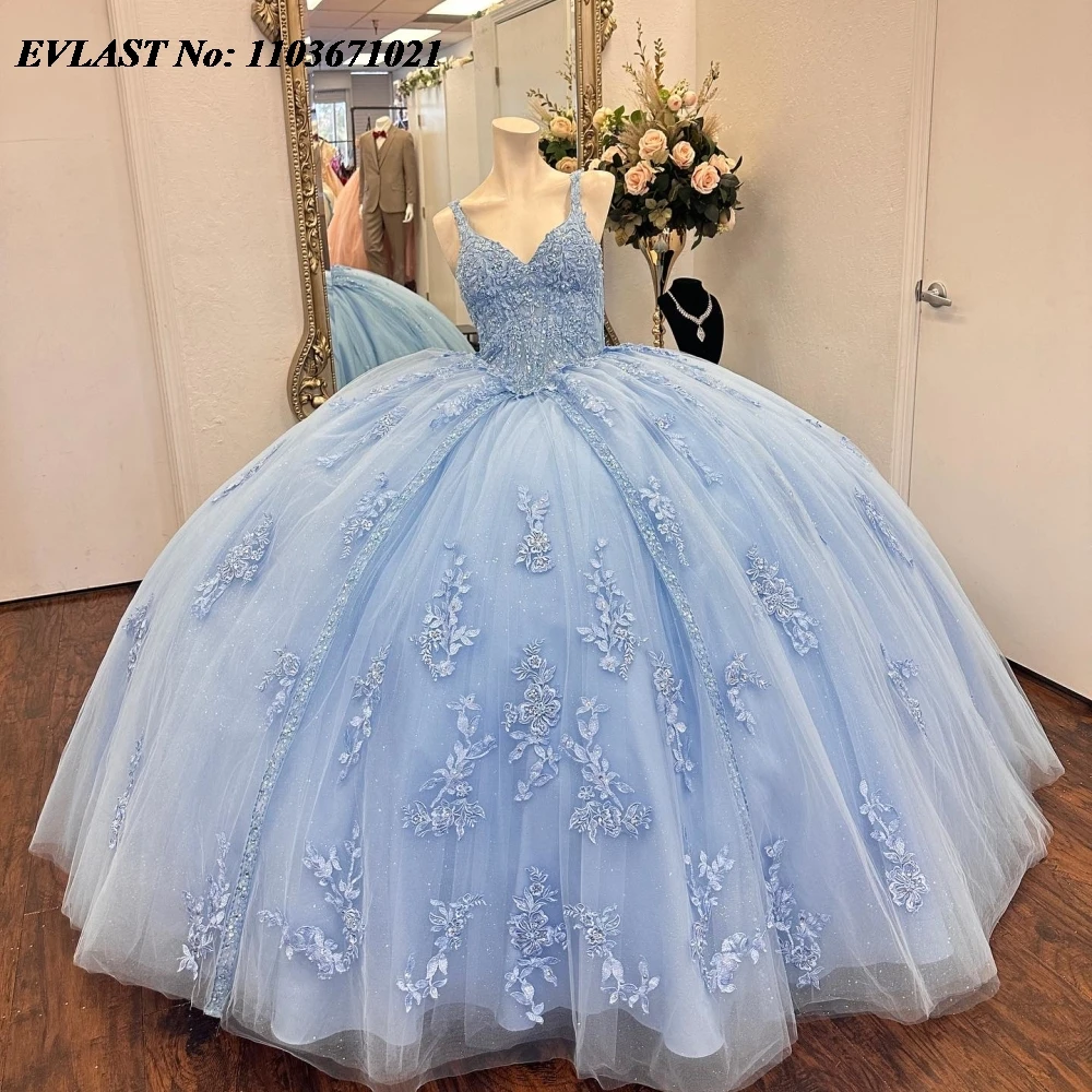 

EVLAST Elegant Sky Blue Quinnceanera Dress Ball Gown Lace Applique Beaded Crystal Spaghetti Sweet 16 Vestidos De 15 Anos SQ692