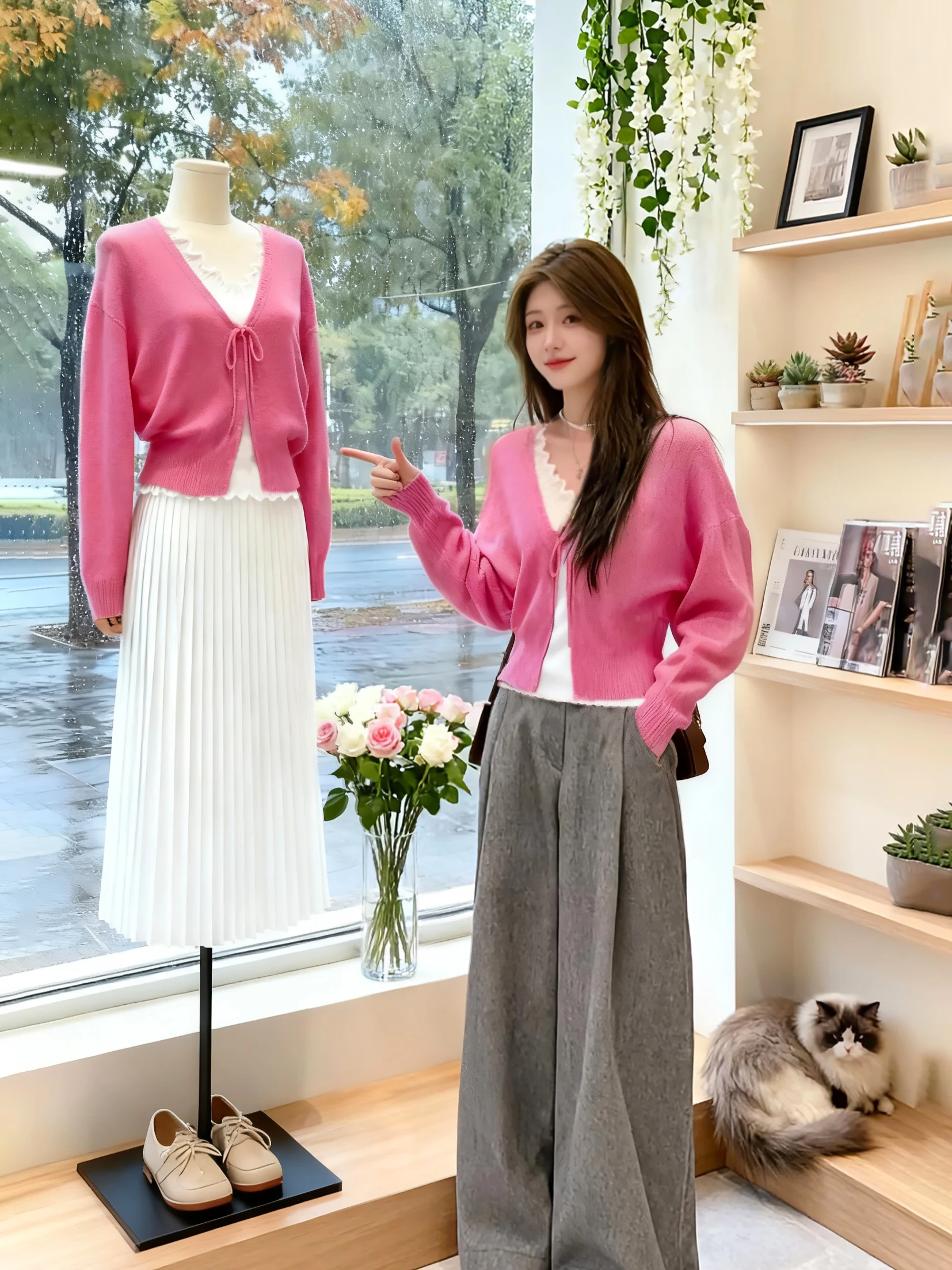 Early Autumn Korean Style Knitted Short Pink Sweater M Mature Unique Beautiful Unique Short Top for Young Women Commute Style
