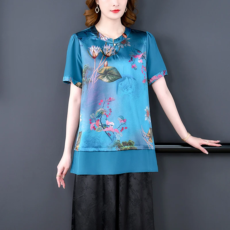 

2023 Women Korean Silk Satin Luxury Elegant Two Piece Sets Summer Floral Short Sleeve Shirts+Black Jacquard Wide Leg Pants Suits