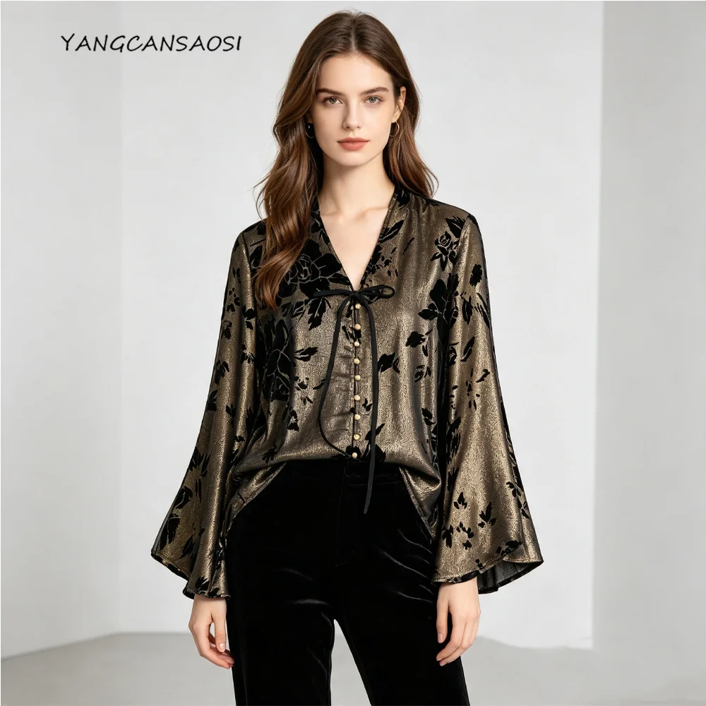 2026 Women's Fashion Autumn Clothing Luxury Half Perspective 62% Natural Mulberry Silk Velvet V-neck Split Loose Cardigan
