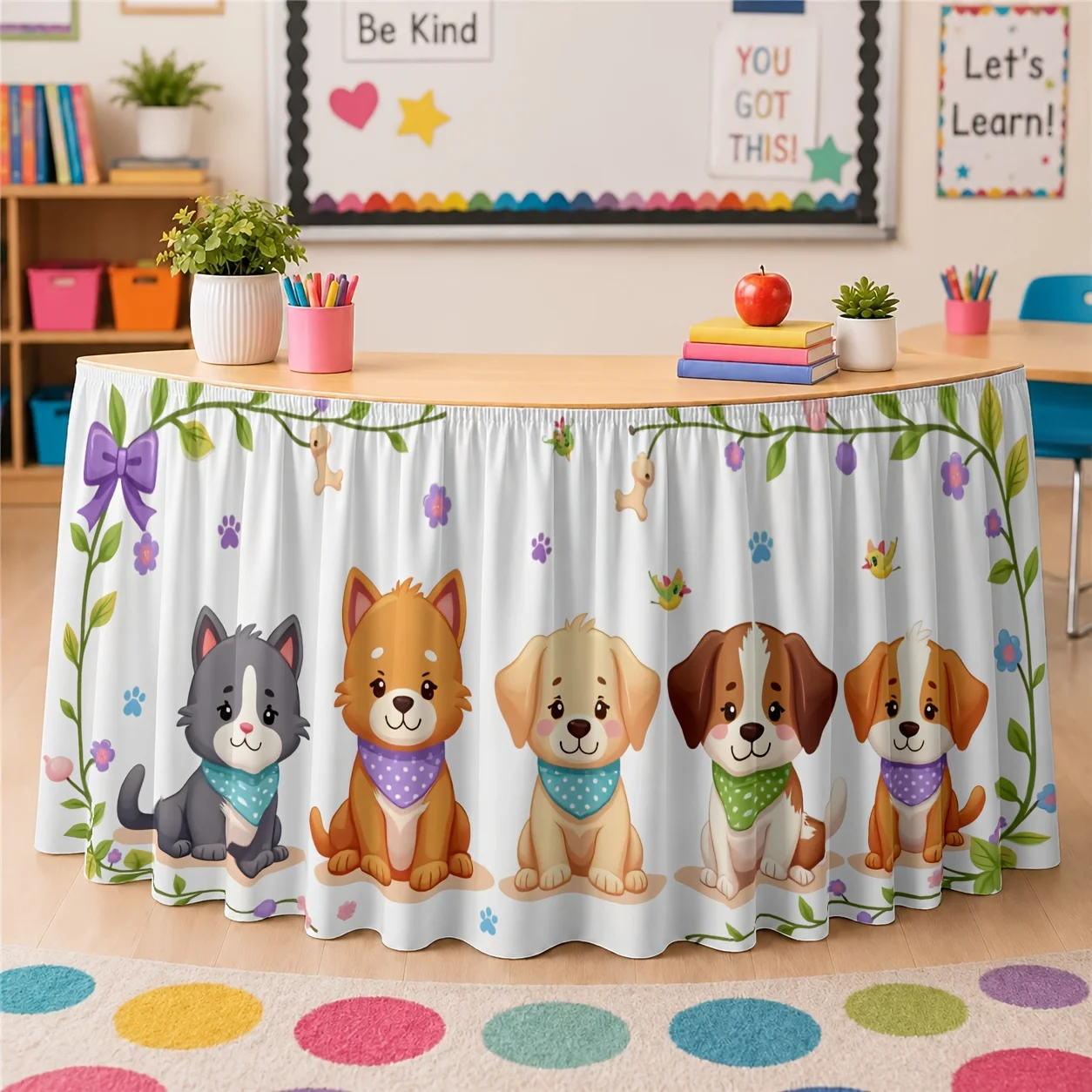 One table skirt made of polyester featuring cute flowers and a pet theme, charming and playful, full of imaginative ideas.
