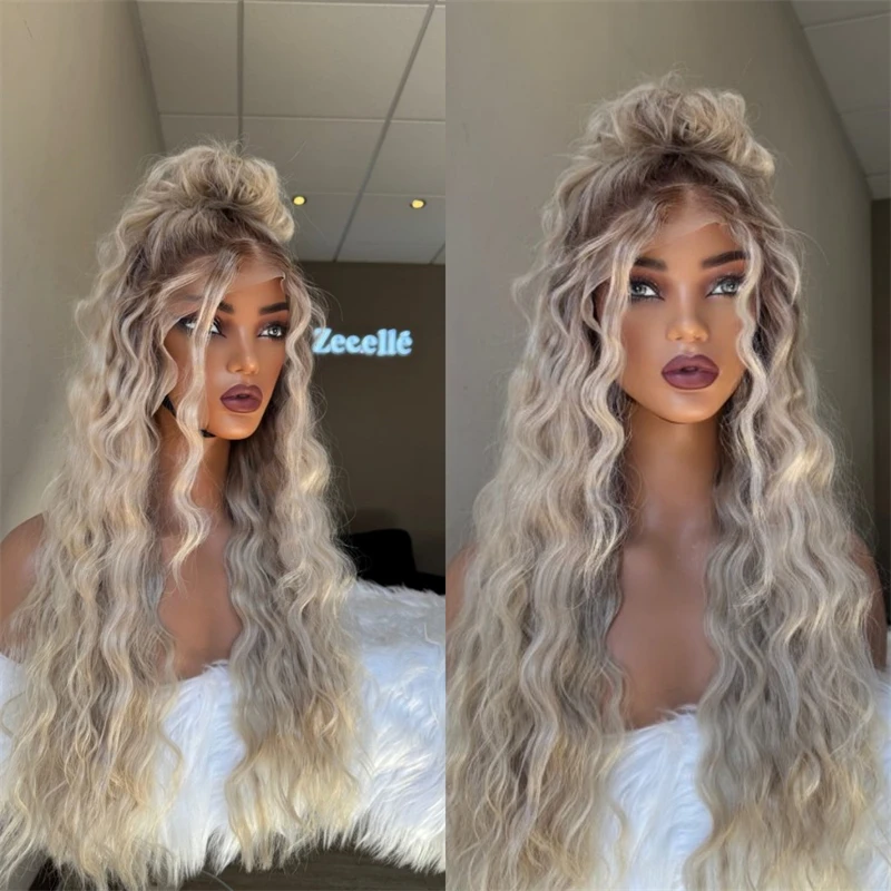 

30 Inches 13x4 Ombre Platinum Blonde Wig with Dark Roots Soft Long Curly Lace Front Wig Synthetic HD Wigs Bleached knots Wigs