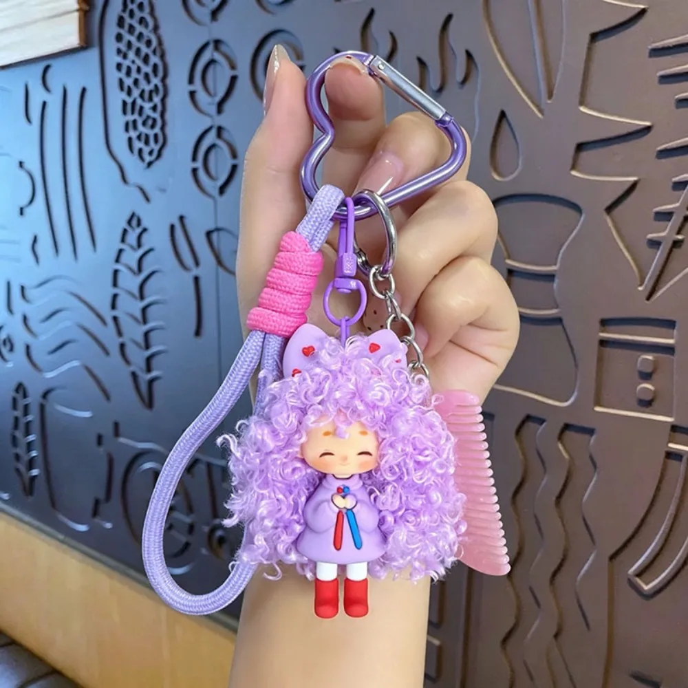 Dopamine Curly Hair Keychain With Mini Comb With Lanyard Strap Cartoon Girl Key Chain Soft Pendant Bag Car Key Decoration