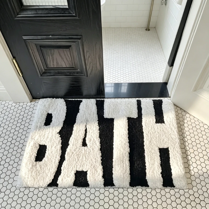 BATH Design Rutschfeste Badematte, Ultra Saugfähiger Polyester Badezimmerteppich, Schwarz-Weißer Strukturierter Eingangsbereich-Teppich für das Badezimmer