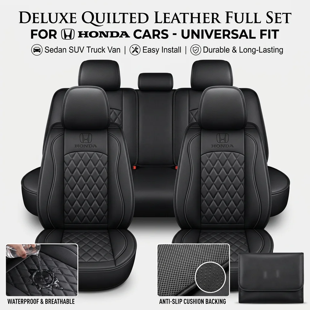 For Honda Car Seat Covers Quilted Leather Front Rear Full Set Protectors Universal Fit For Sedan SUV Truck Van Auto Interior Accessories Waterproof Breathable Durable Easy Install Anti Slip Cushion Cover Set With Headrest Covers And Storage Bag Deluxe