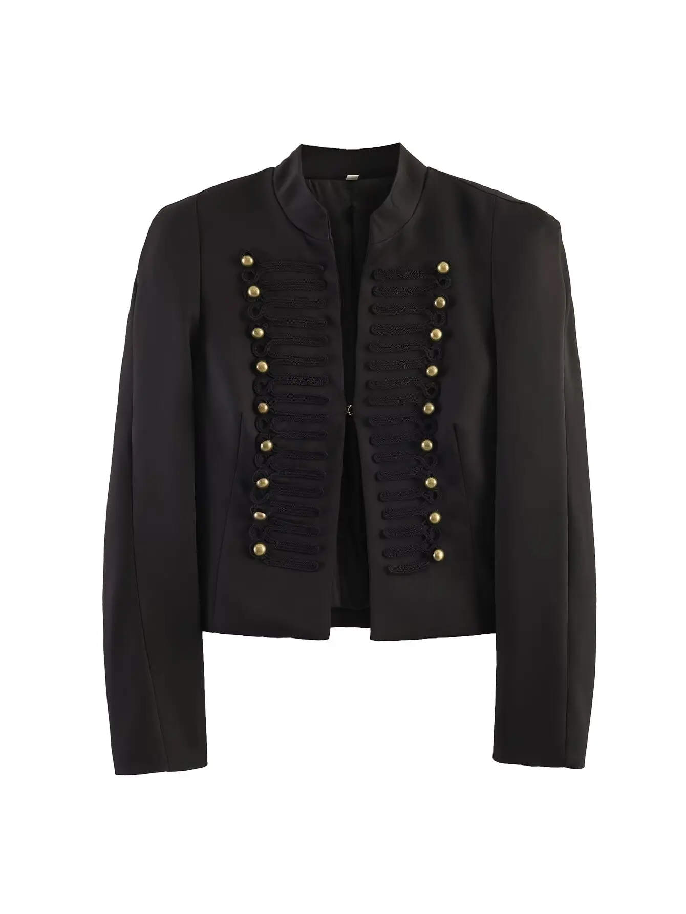 

Women Military Style Cropped Black Jackets Golden Button Decorated Stand Collar Blazer Coats