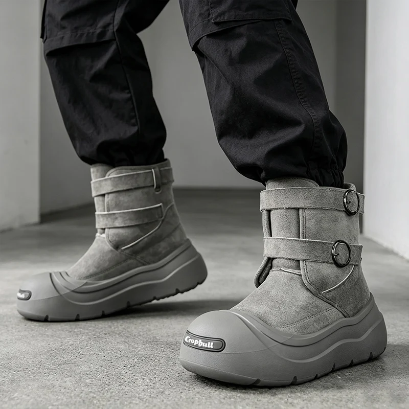 Men's Thick-Soled Snow Boots, Winter Fleece-Lined Warm Outdoor Anti-Slip Snow Boots, Double Buckle Ring Design, Motorcycle Style Short Boots, Trendy Versatile Casual Cotton Boots