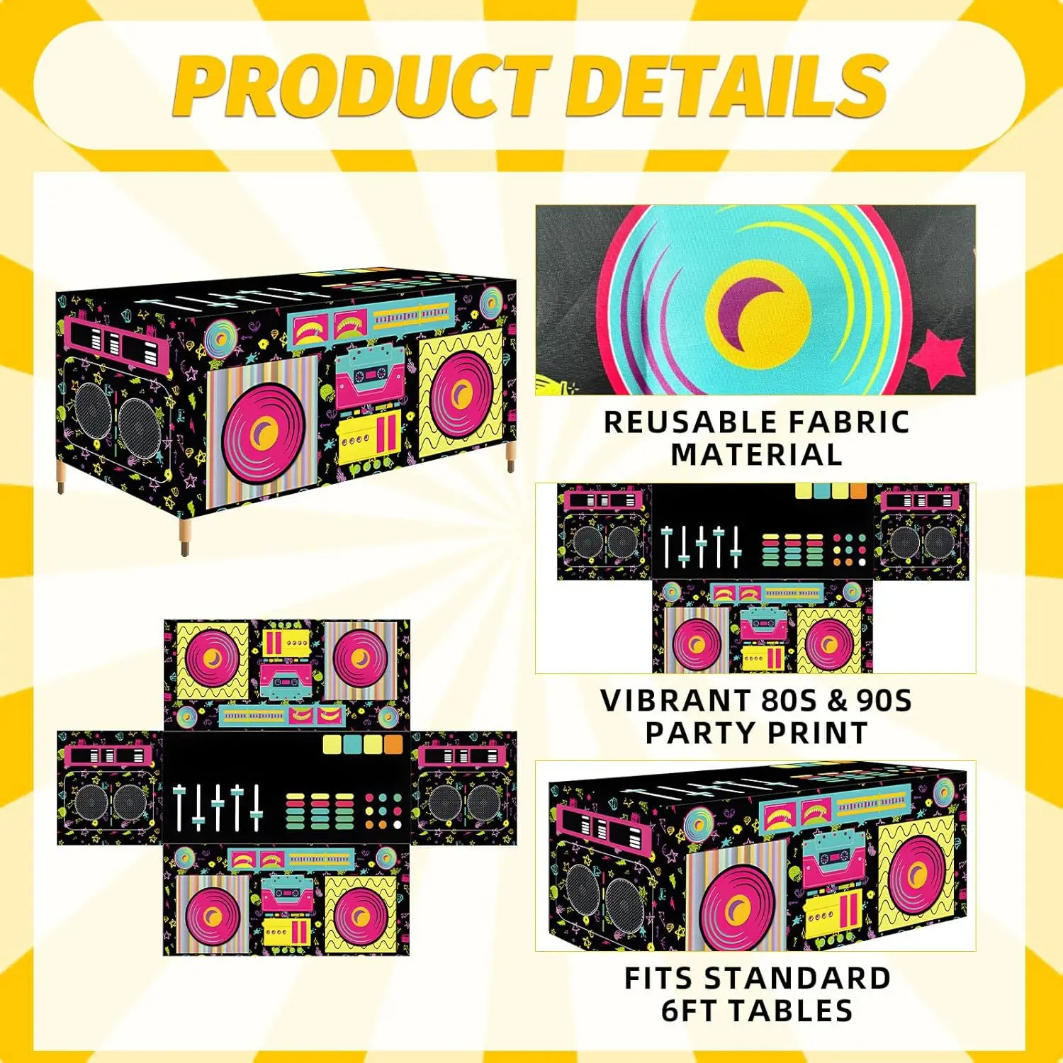 Retro Radio Stereo Speaker Print Washable Fabric Table Cover for Hip Hop Birthday,Rap Music Party,DJ Dance,Throwback Decoration