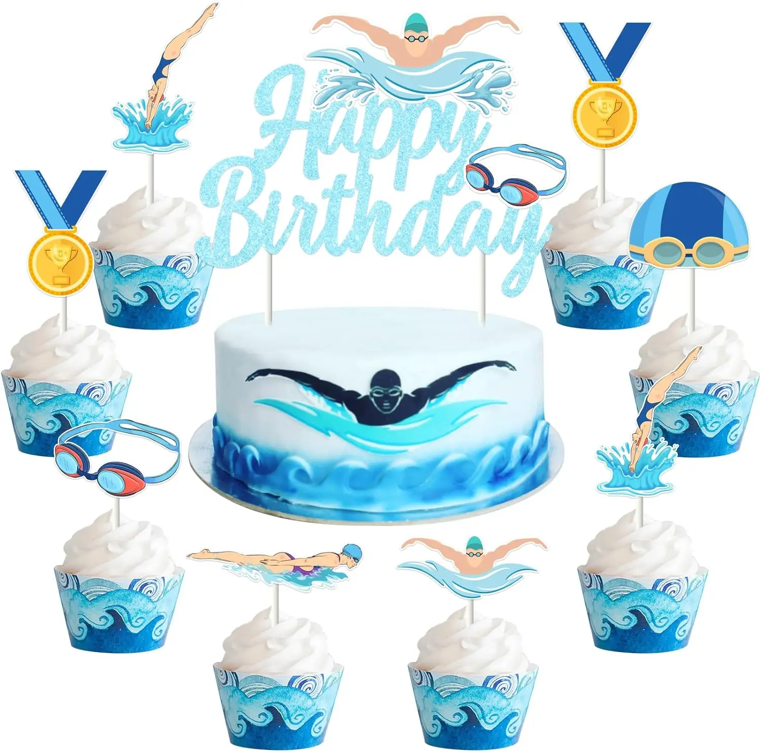 

25Pcs Swim Party Cake Decor Happy Birthday Cupcake Toppers Double Sided Printing for Swim Pool Theme Birthday Party Supplies