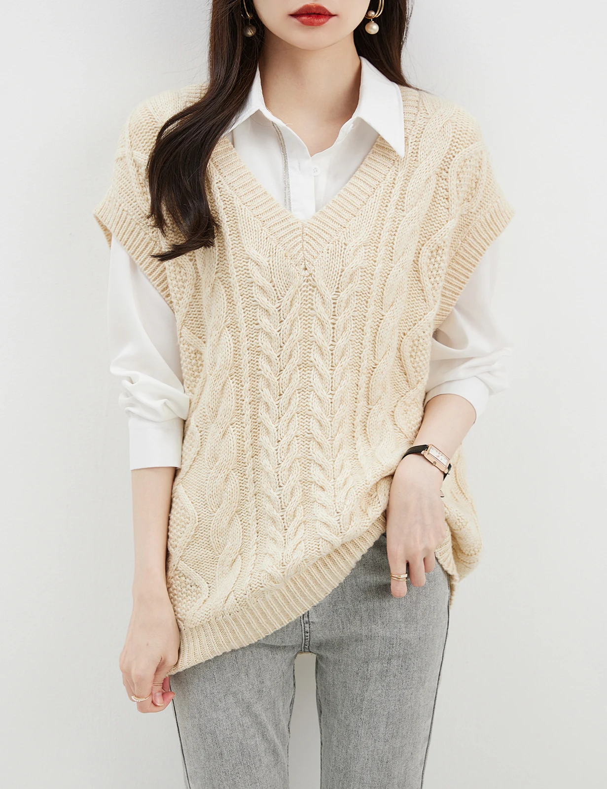 EU Size Sweaters Women Merino Wool Women's Sweater Vest 2023 Fall Winter V-Neck Tops Sleeveless Knit Pullover Vintage Vest Beige