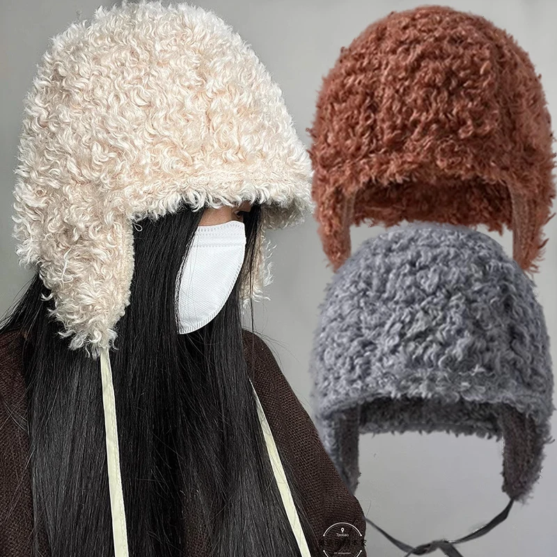 

Autumn Winter Simple Ear Protection Tie Bomber Hats Warm Plush Thickened Beanies Premium Feel Balaclava Versatile Outdoor Caps