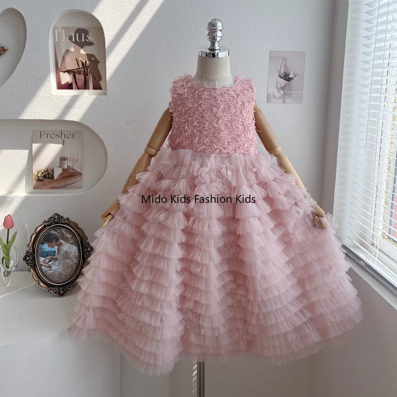 2025 Spring Collection: Chic Chanel-inspired Patchwork Cake Skirt with Mesh Cuffs, Baby Birthday Dress Set for Girls