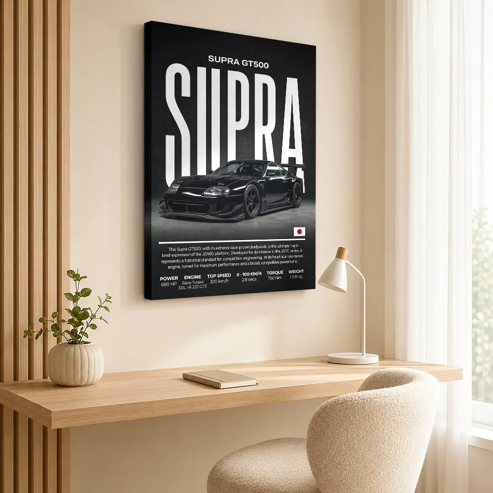 Black Supra GT500 Racing Car Framed Canvas Poster Customized Photo Modern Minimalist Style Canvas Wall Art Garage Studio Decor