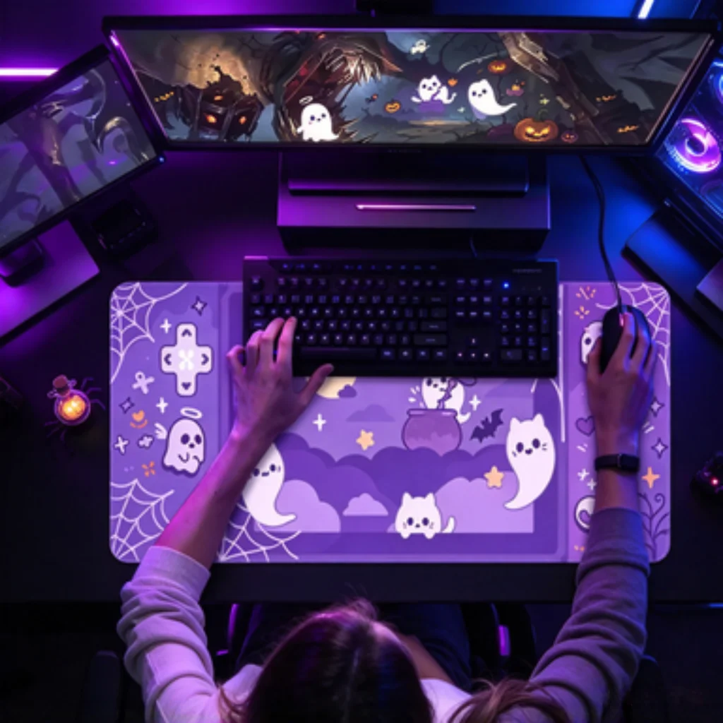 Pink Blue Rainbow Cloud Desk Mat, Purple Ghost Cat PC Accessory, Pink Kitten Mat,Hand Drawn Heart Mouse Pad,Candy Dot Gaming Mat