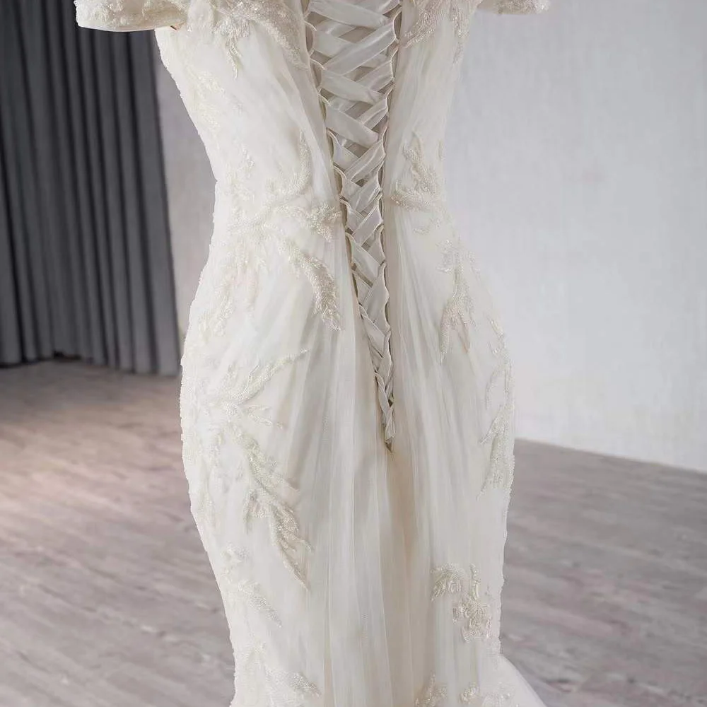 Gaun Pengantin Tanpa Tali Bahu Terbuka Berenda Punggung Applique Bordir Pengantin Gaun Pengantin Kustom Putri Duyung