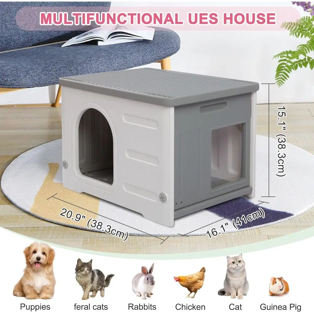 بيت قطط بلاستيكي داخلي/خارجي باللون الرمادي مع باب هروب للحيوانات الأليفة الصغيرة والمتوسطة