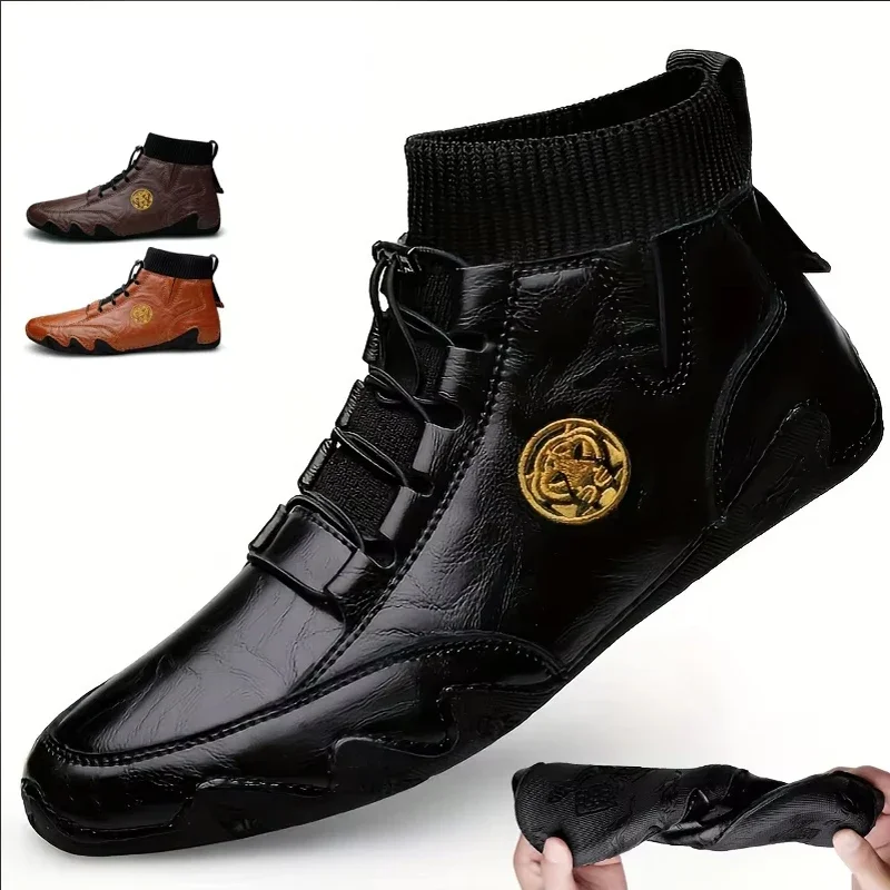 

PopMen's Wear-resistant Boots Casual Classic Genuine Leather Handmade Shoes Ankle Round Toe Lace Up Walking Business Boot