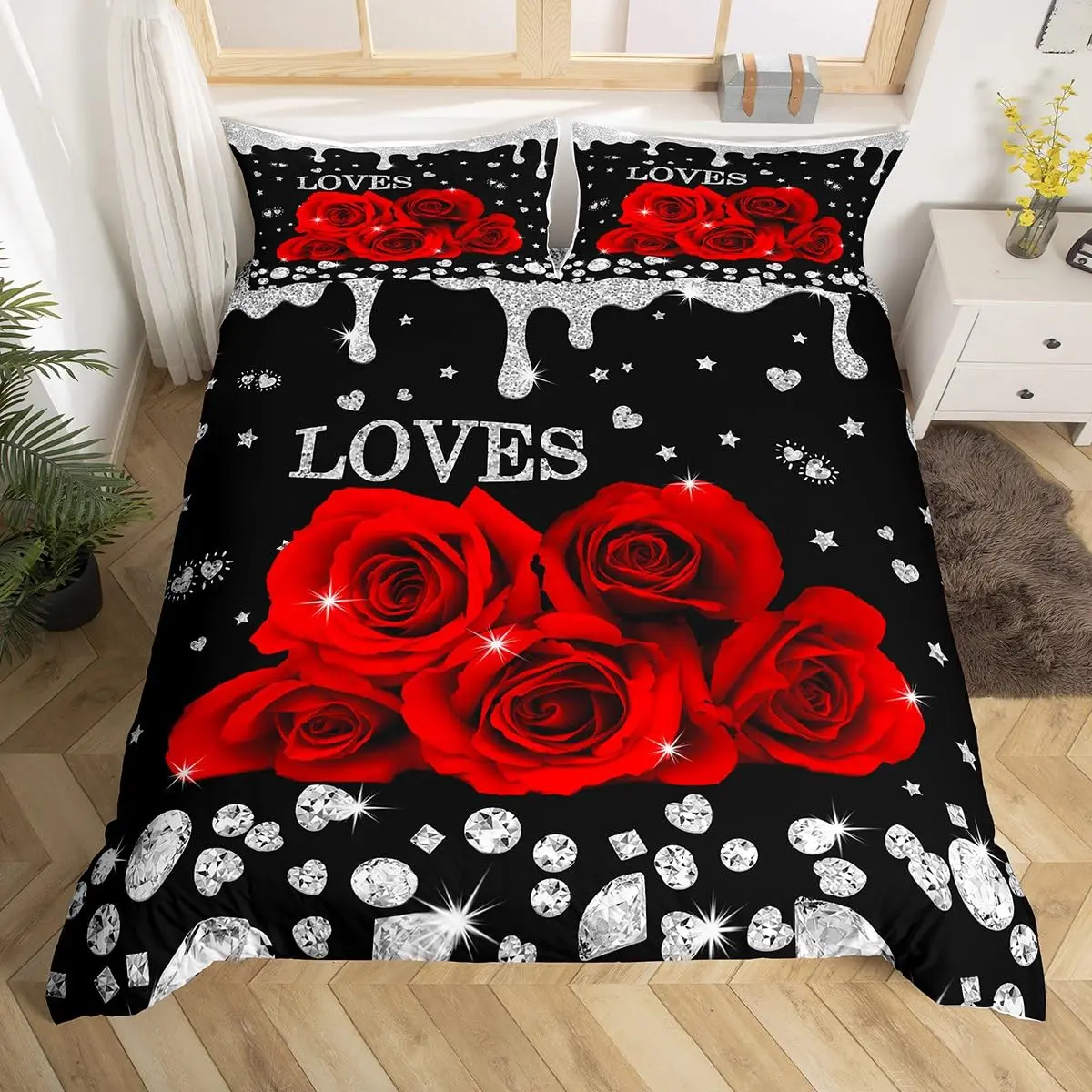 Purple Rose Flowers Duvet Cover Valentines Day Decor Plant Floral Bedding Set Full King Size Comforter Cover Set with Pillowcase