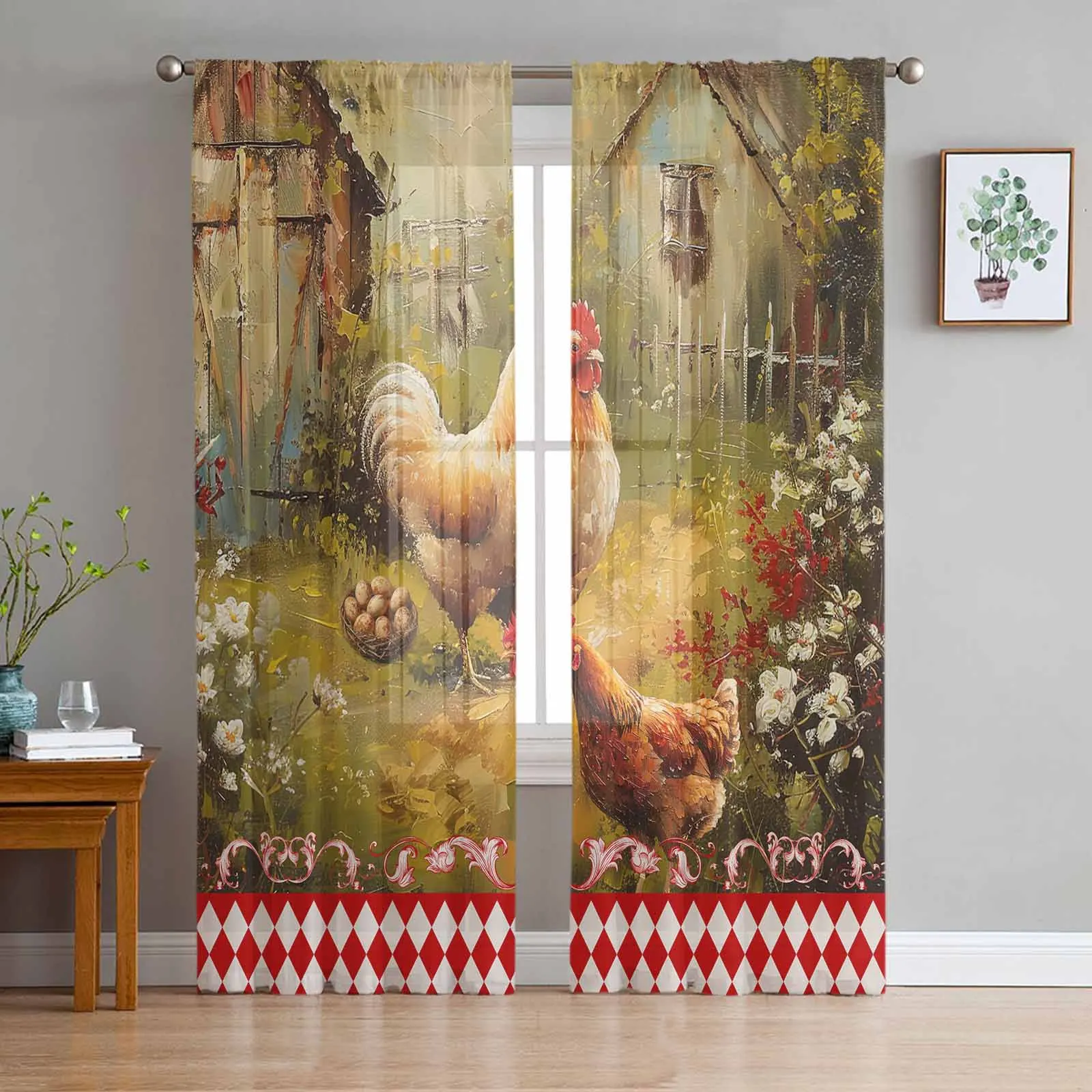 Retro Country Farm Hen Tulle Curtain for Living Room Bedroom Window Treatment Sheer Voile Curtain Kitchen Drape