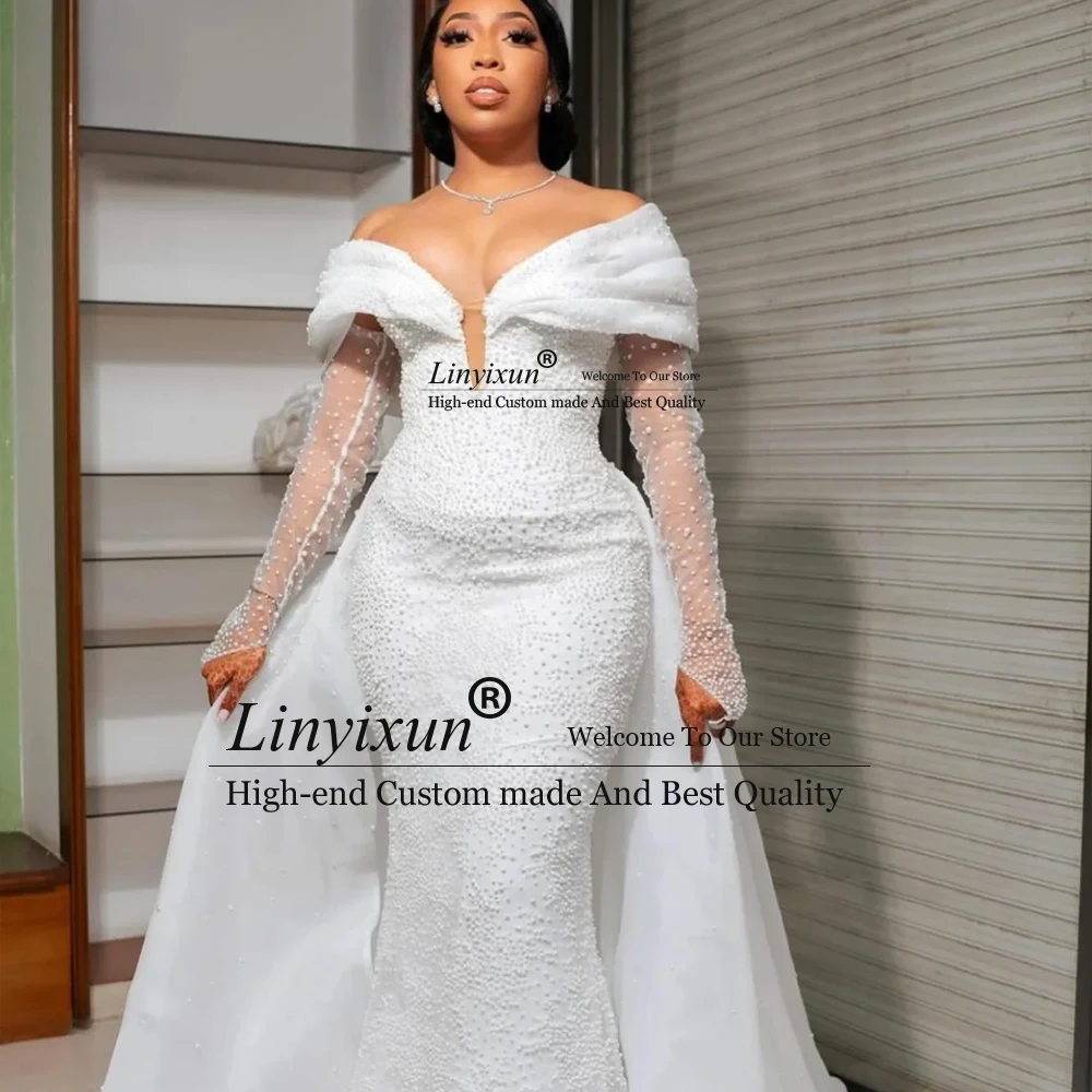 คลาสสิกลูกปัดชุดแต่งงานลูกไม้ 2025 ไข่มุกที่ถอดออกได้รถไฟ Mermaid ชุดเจ้าสาวที่กําหนดเองปิดไหล่ FBسات