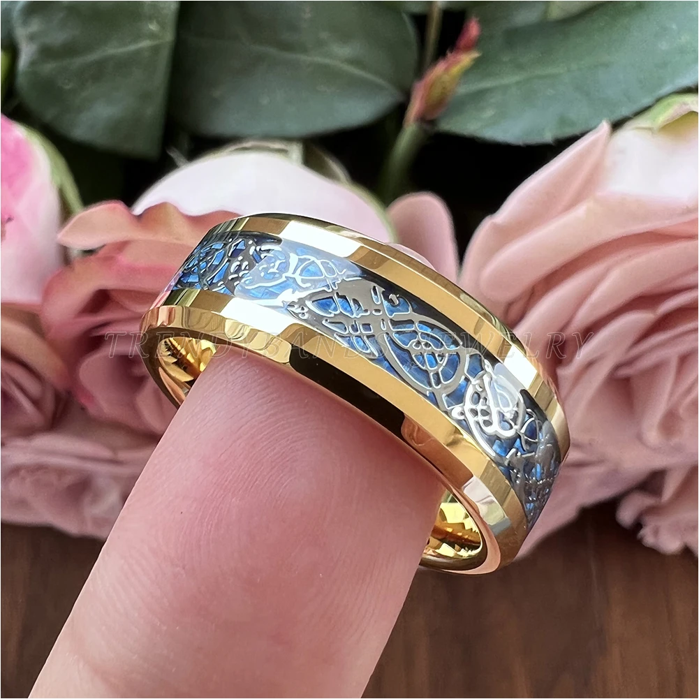 8mm Tungsten Carbide Dragon Ring for Men Women Band Engagement Jewelry Blue Carbon Fiber Inlay Bevel Polished Shiny