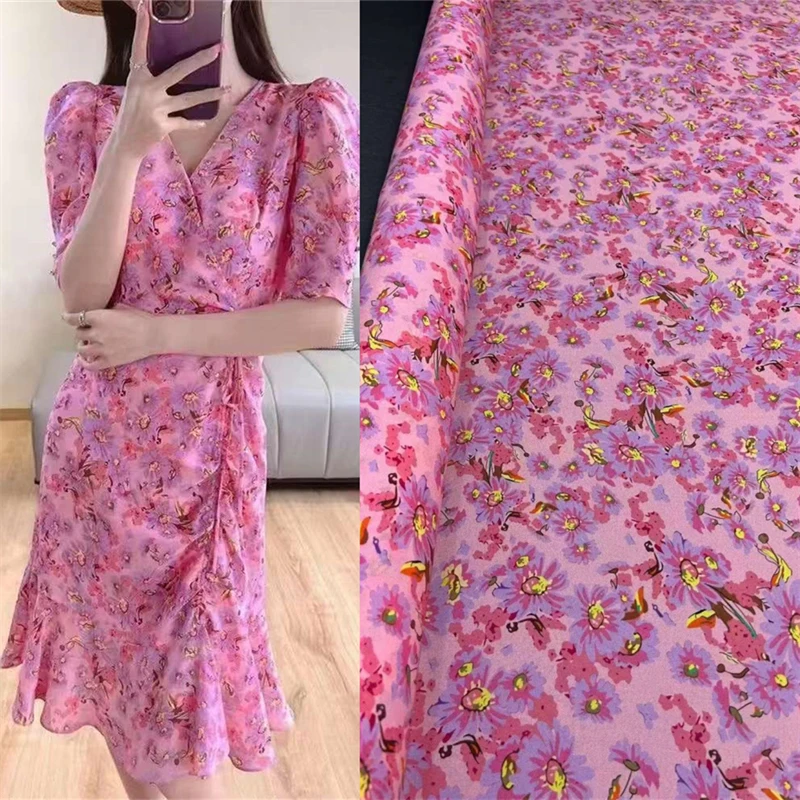 Roze Klassieke Daisy Zomerkleding Crêpe Stof Europese Amerikaanse Merk Handgemaakte Diy Damesjurk Gemaakt Van Moerbei Zijde Stof