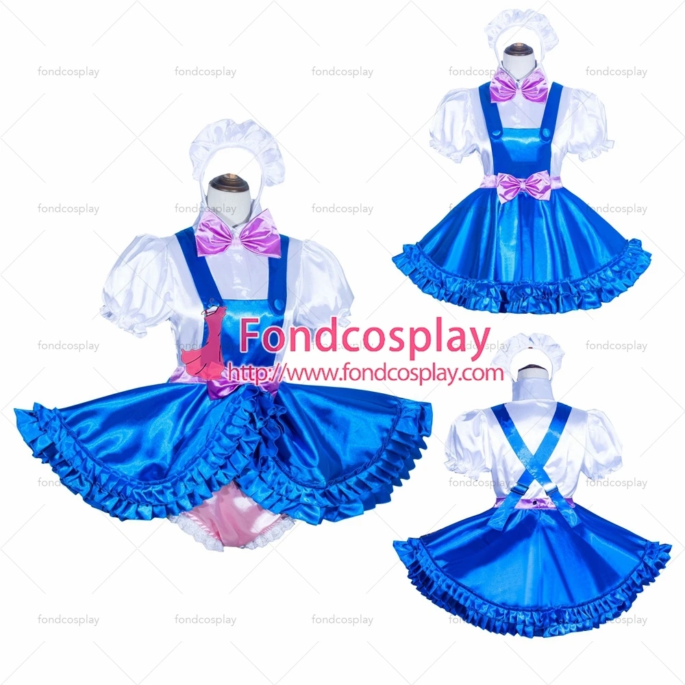 fondcosplay adult sexy cross dressing sissy maid French Lockable blue satin skirt white shirt pink panties CD/TV[G4032]