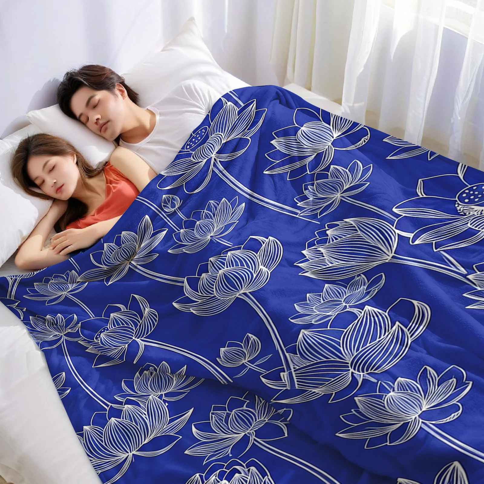 Blue White Lotus Sketch Cartoon Anime Print Flannel Blanket Soft Warm Throw for Kids Bedroom Sofa Bed Christmas Office Car