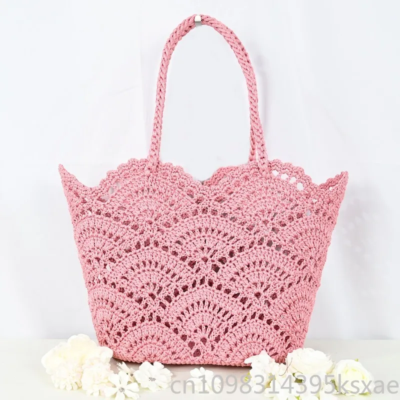 Handmade Crochet Tote Bag for Women Bohemian Cotton Woven Beach Handbag Casual Shoulder Basket Purse